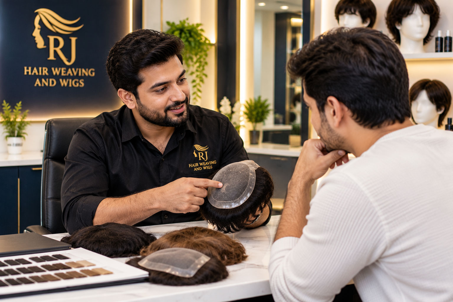 Hair replacement consultation at RJ Hair Weaving And Wigs